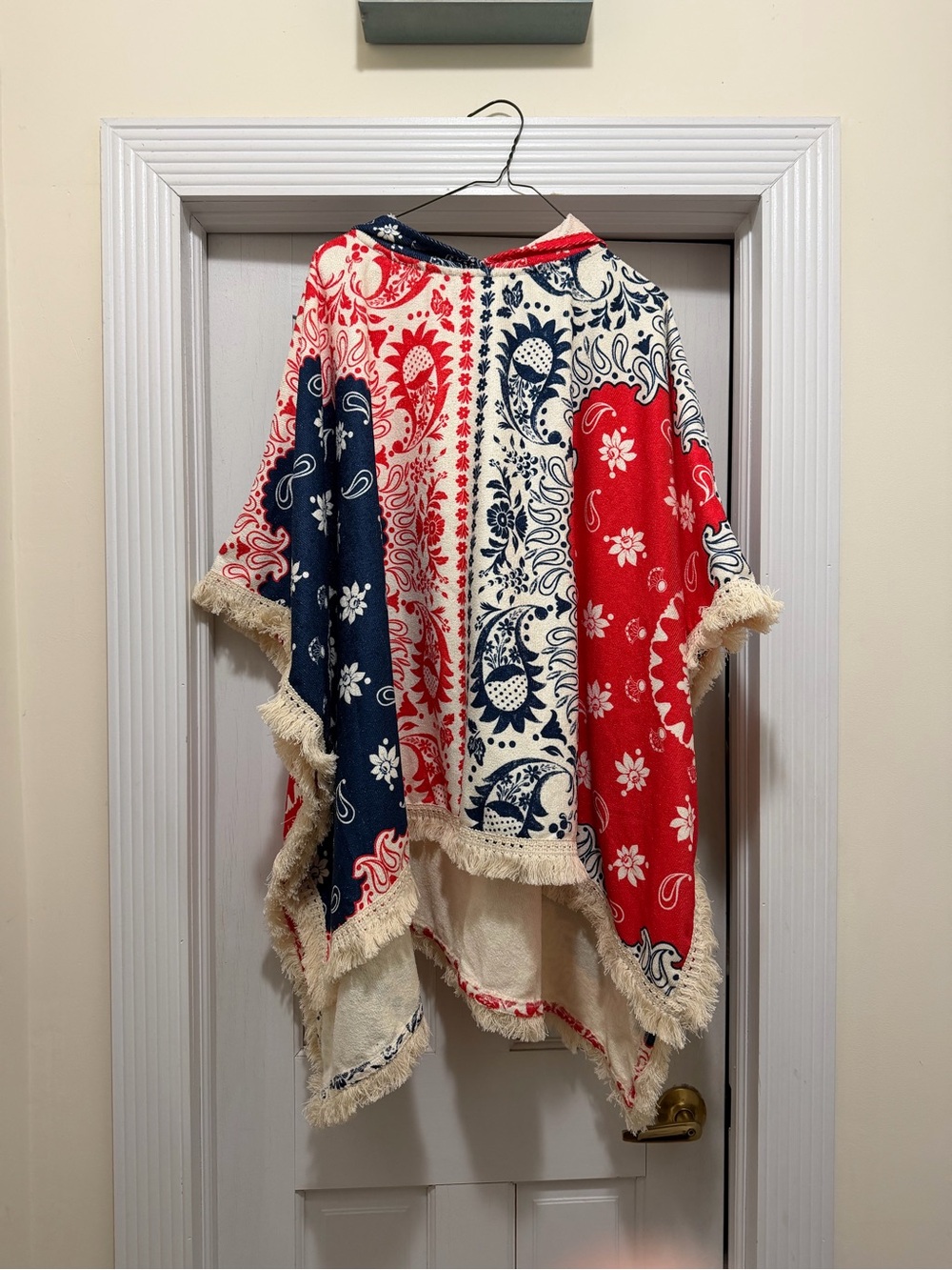 Hooded beach Bandana Print towel poncho Red, Navy & Cream
